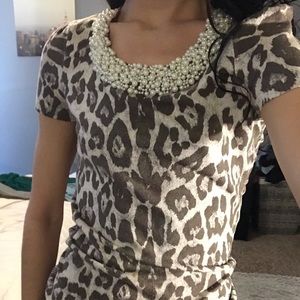 Cheetah print top with pearls on neck line